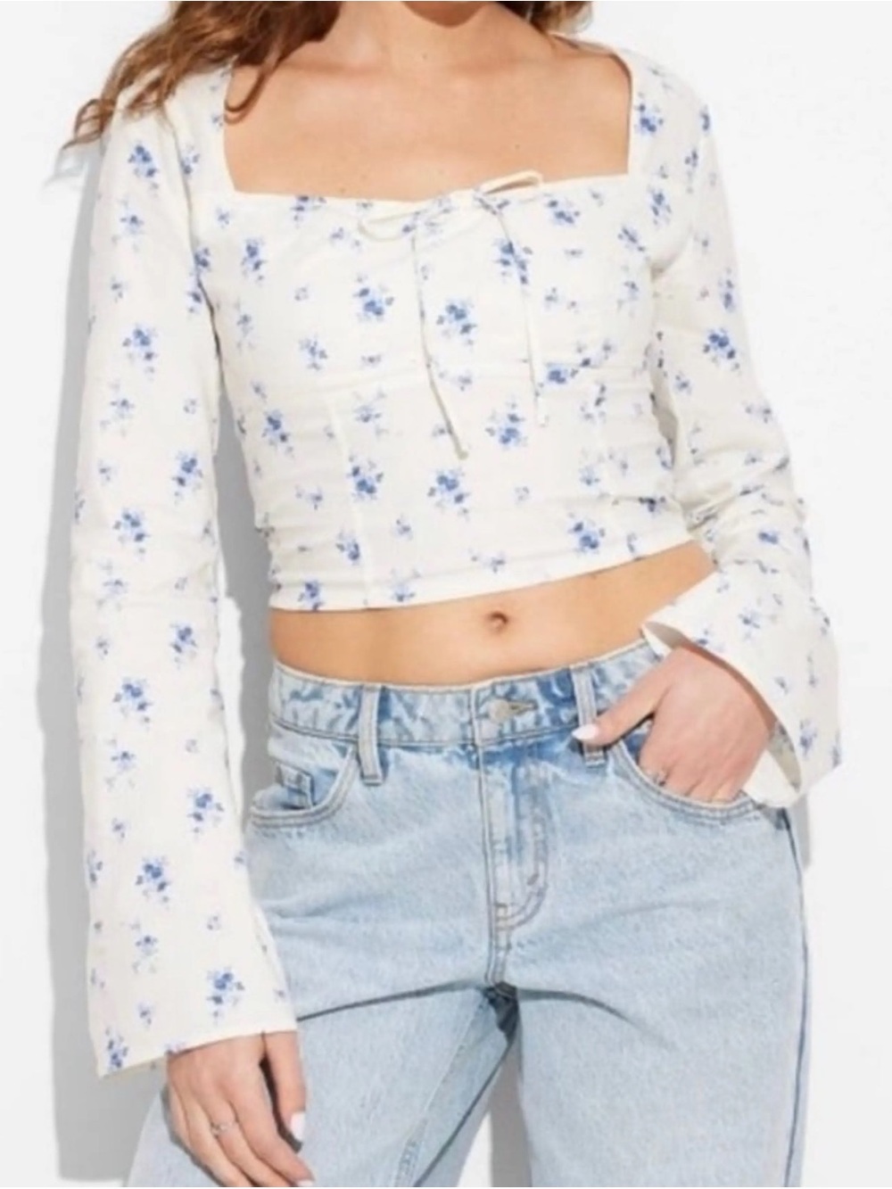 Wild Fable Women’s Cream Floral Square-Neck Long-Sleeve Crop Top size M NWT